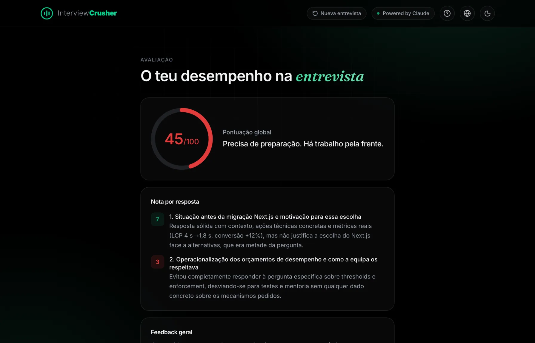 Recebe a tua nota e feedback honesto